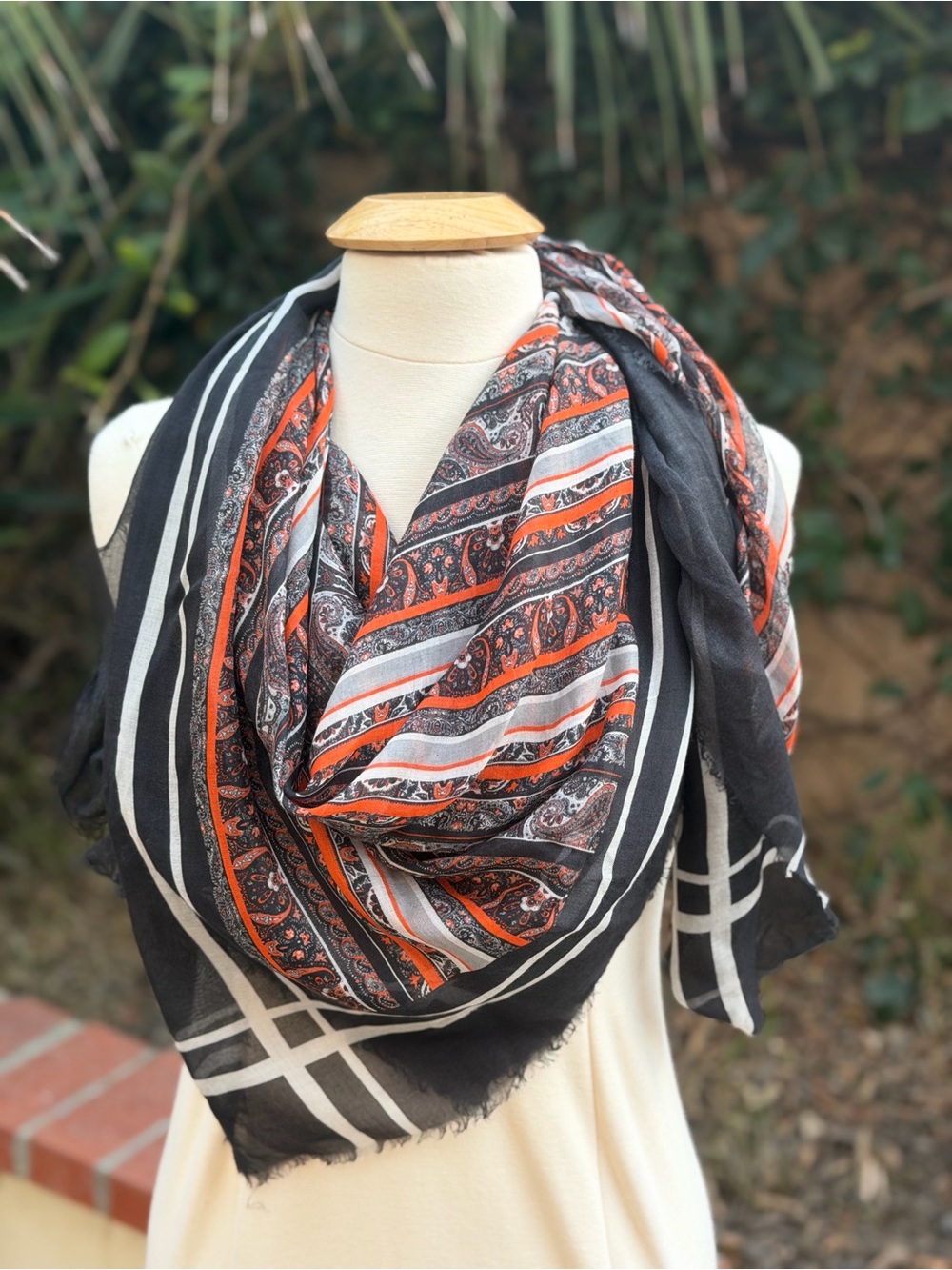Rodarte Black and Orange Paisley & Stripe Wrap Scarf